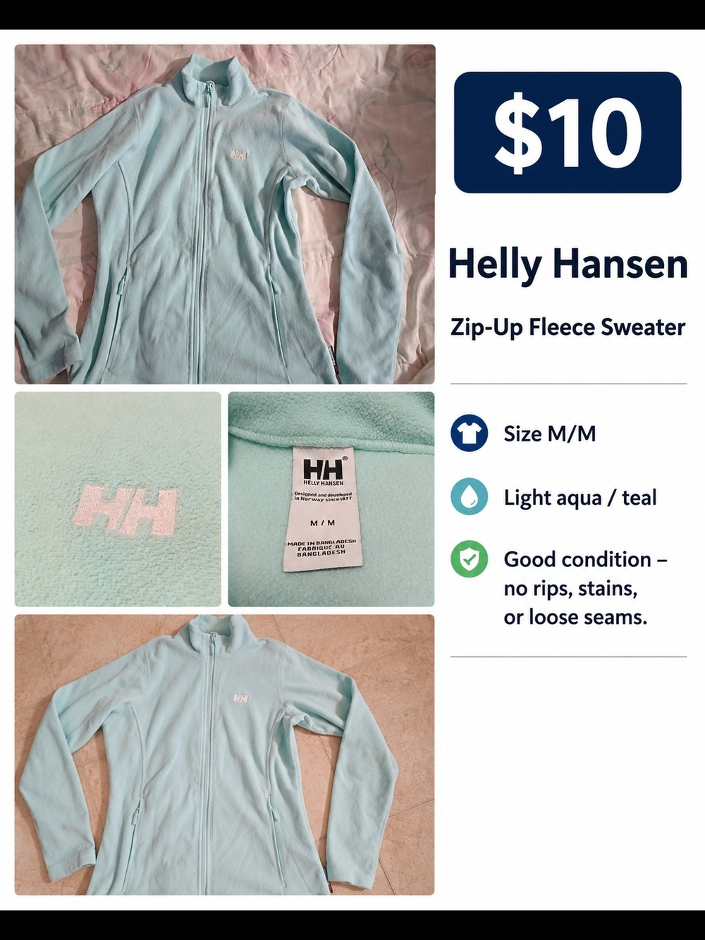 Helly Hansen Light Aqua Women's Zip-Up Fleece Jacket Size Medium